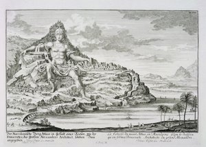 Athos-vuoren kolossi, Makedonia, Aleksanteri Suuren arkkitehdin Dinocratesin suunnittelema, levy 18 Entwurf einer historischen Architekturista, kaiverrus Johann Adam Delsenbach (1687-1)